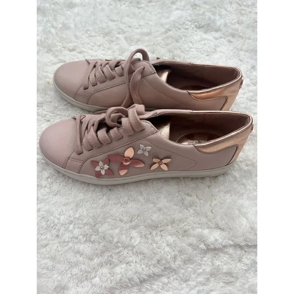 NWT Michael Kors MK Lola Sneaker Rose Gold 3D Flowers Soft Pink size 37/7